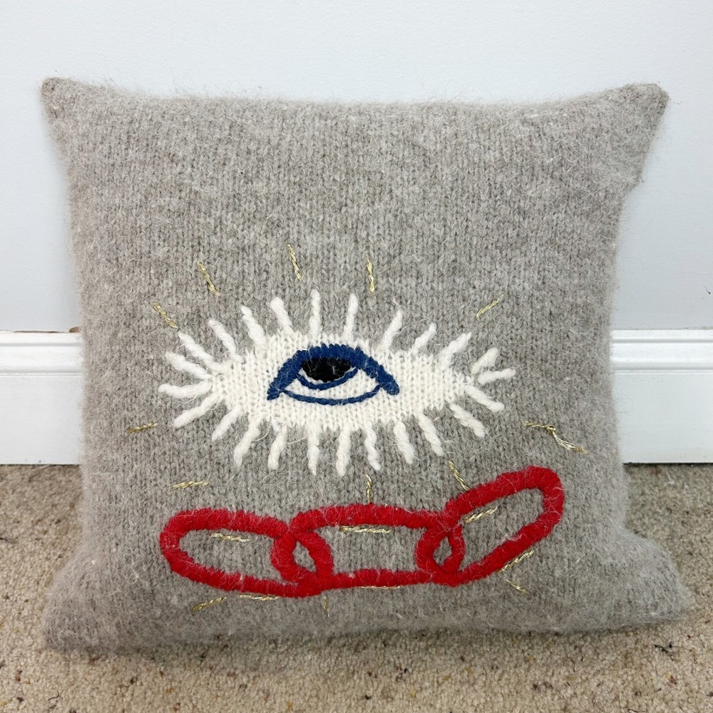 Raquel Allegra Throw Pillow Gray Embroidered Eye Chain Accent 18"x18"